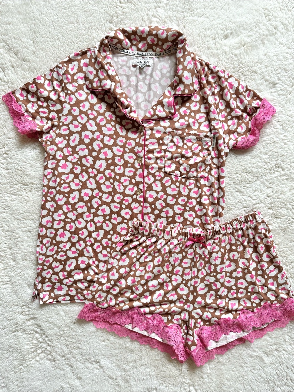 Thalia Sodi Leopard Print Pajama Set Brown & Pink Small